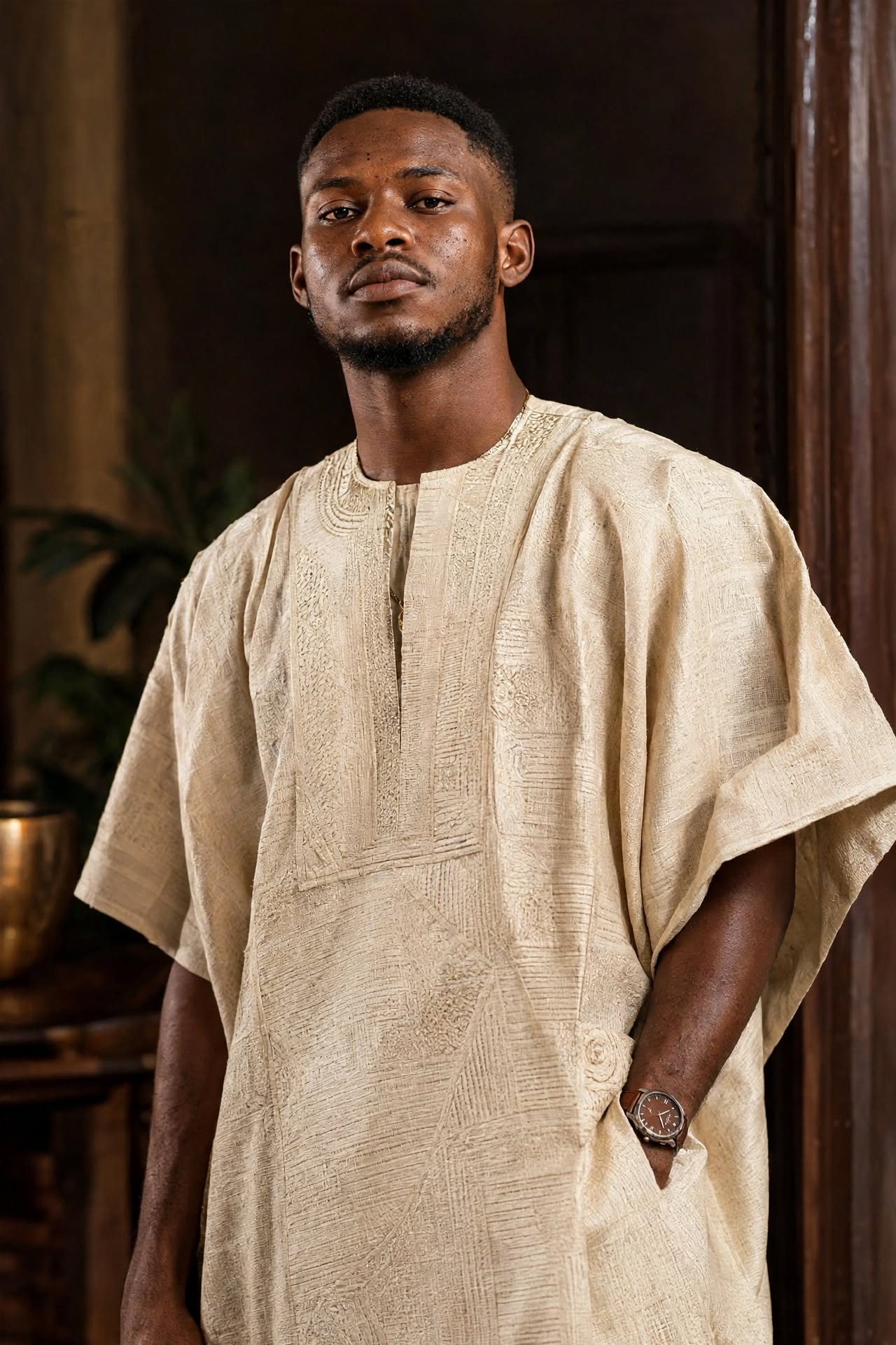 AI lifestyle photography: photorealistic portrait of a man in an embroidered kaftan