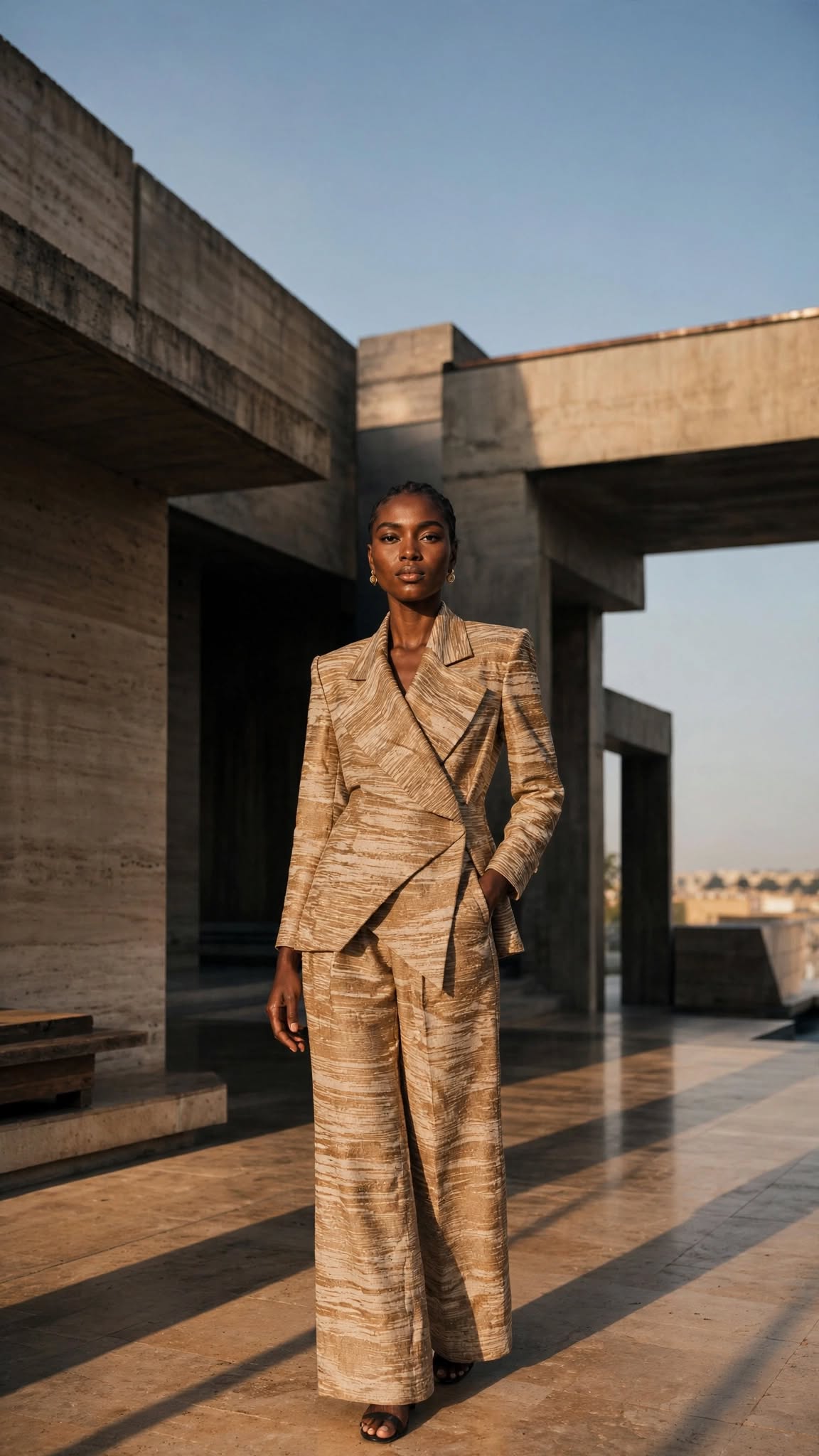 AI fashion imagery: photorealistic AI model in a tailored textured suit, full length