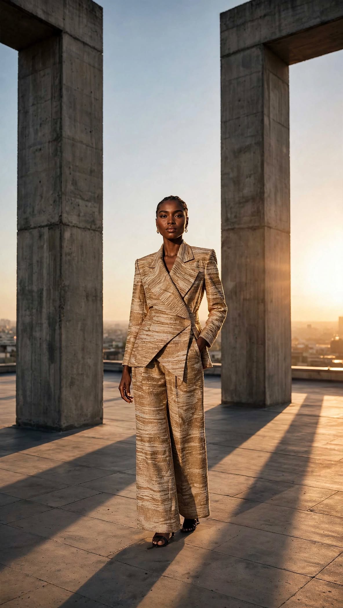 The same AI model and suit at golden hour, one grade across the set