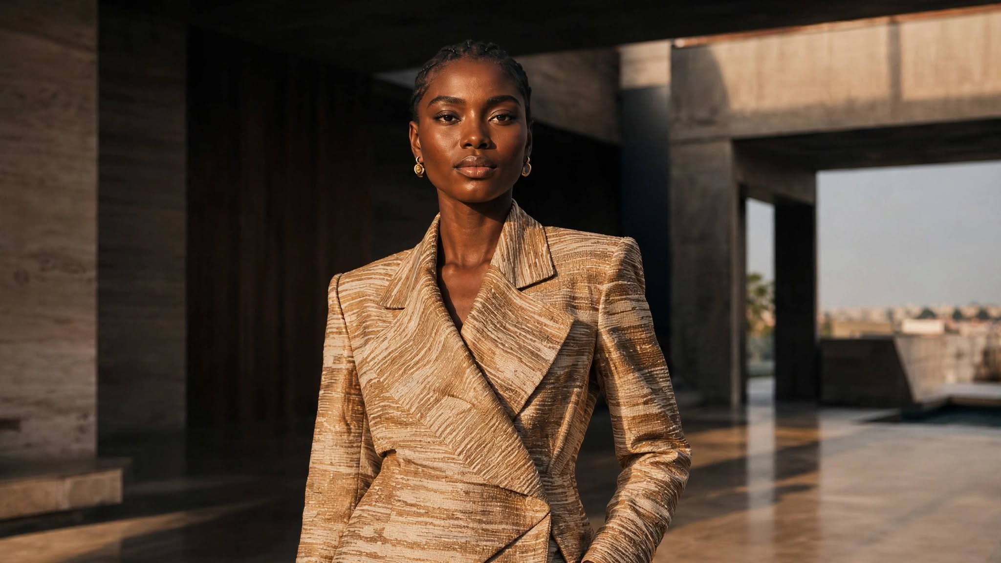 AI fashion imagery: photorealistic AI model wearing a tailored textured suit