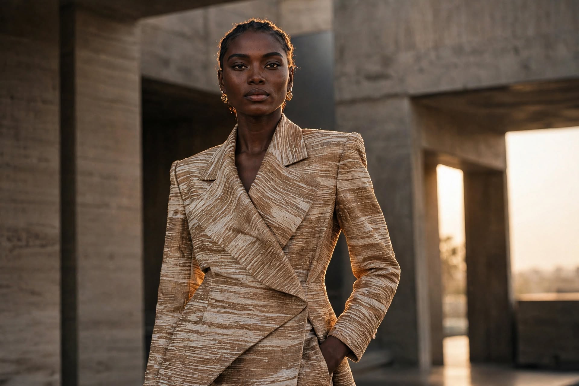 The same AI model and suit in a three-quarter shot, garment held consistent