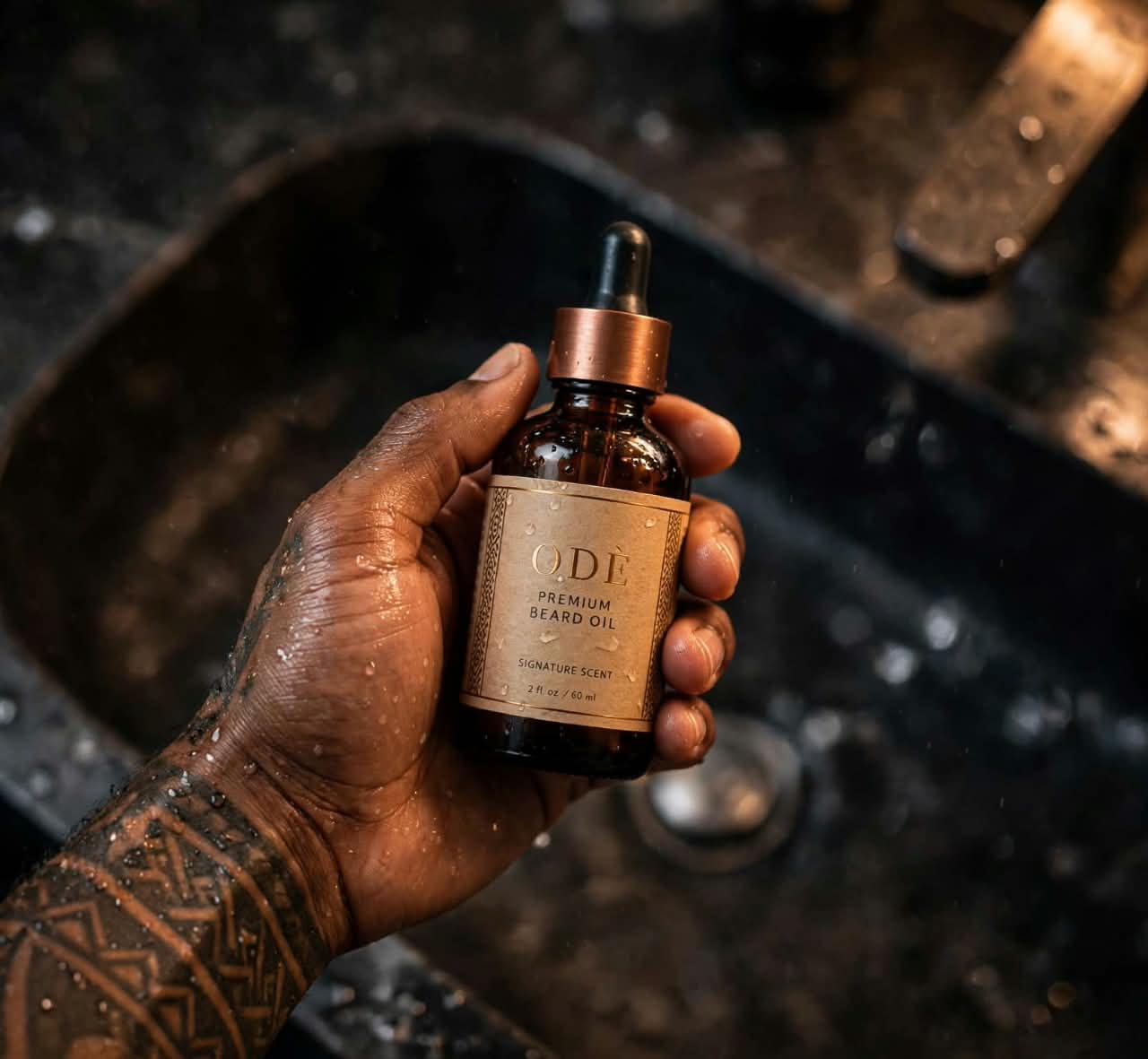 AI product photography: ODÈ beard oil bottle in hand, concept work