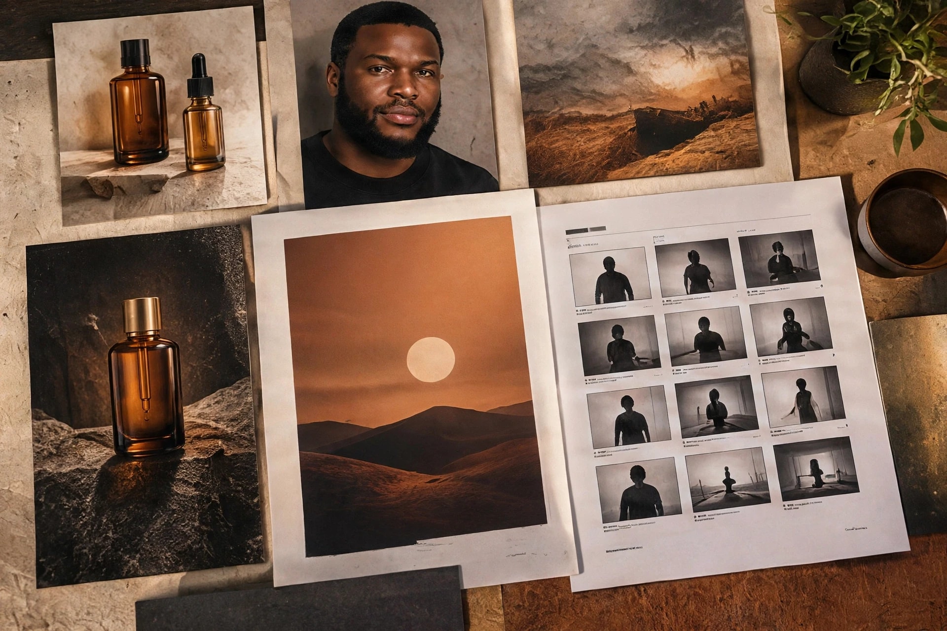 SLIIQQUE Studio production flatlay: AI product stills, portrait and storyboard contact sheet